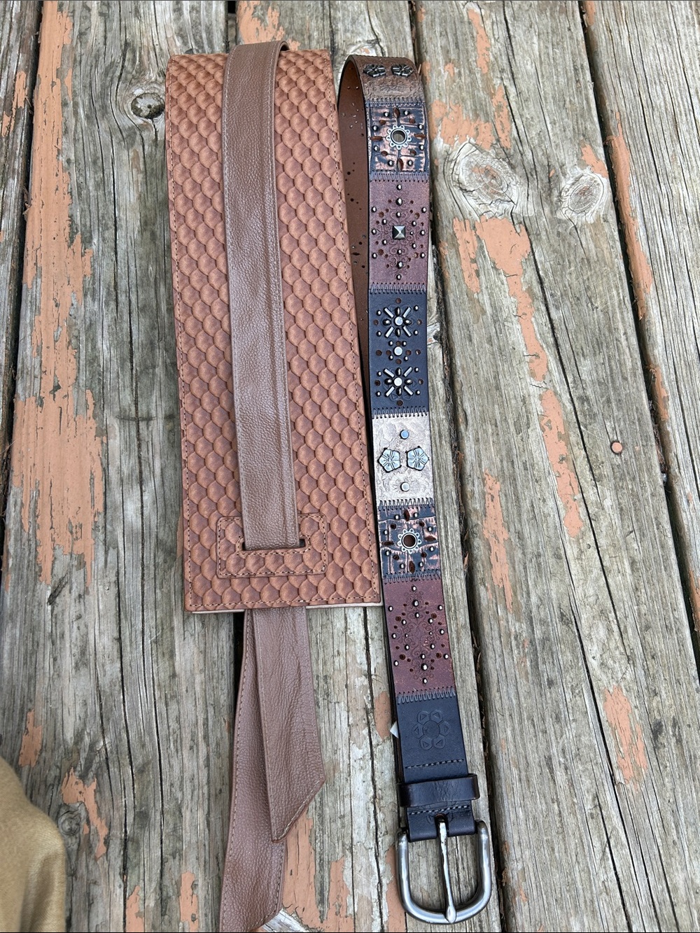 Bundle of (2) size medium hand made leather belts